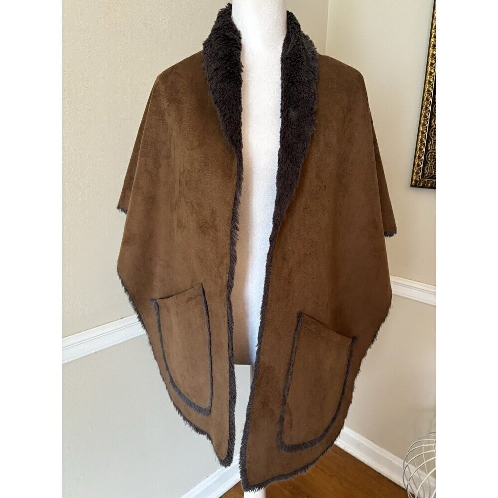 NWT Katie Todd Womens Faux Suede Wrap Pockets Faux Fur Brown